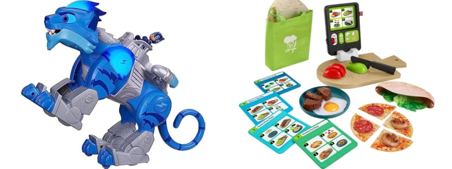 a PJ Power Masks toy and a Fisher Price kitchen toy playset