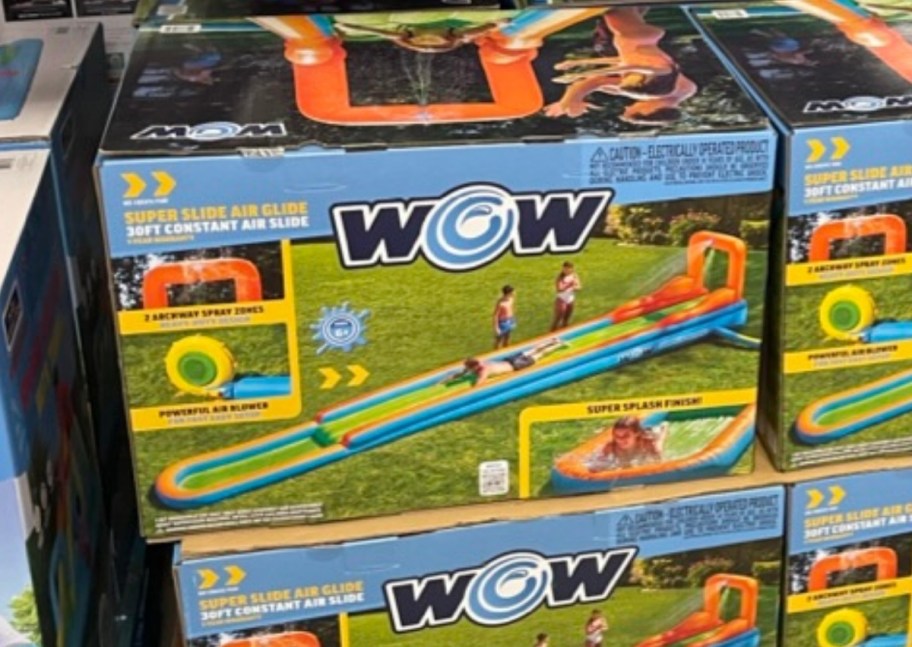 a 30ft long water slide in box on a store shelf