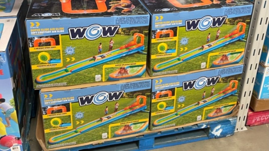 a 30ft long water slide in box on a store shelf