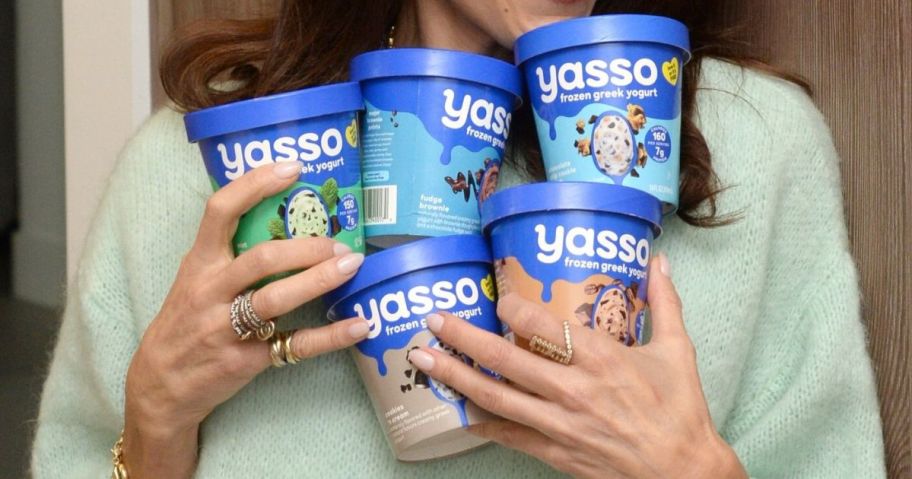 Bethenny Frankel holding yasso spoonables containers