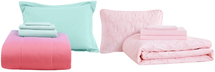 pink and blue kids bedding and pillows 