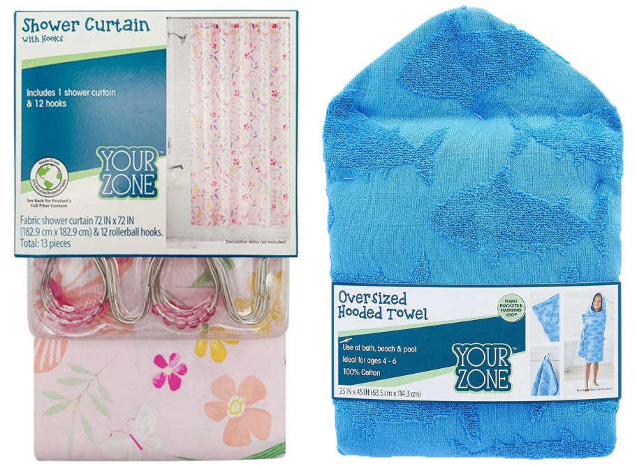 floral pink shower curtain and blue hooded towel 