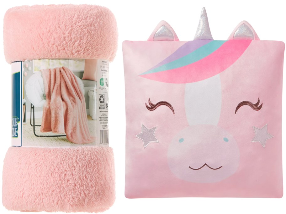 pink blanket and pink unircorn pillow 