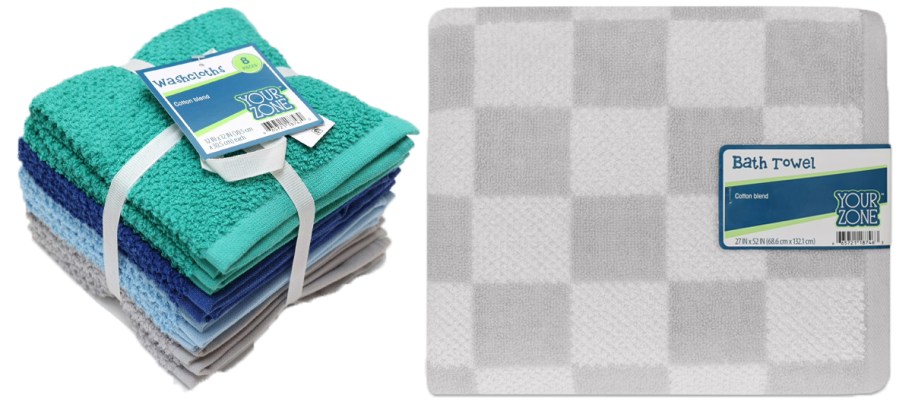 blue and green wash cloths and gray checkered towel 