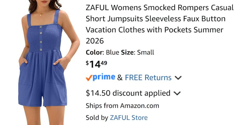 woman wearing blue romper next to Amazon prcing information