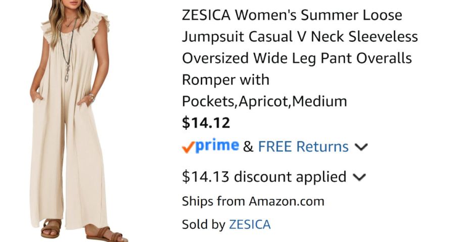 woman wearing khaki jumpsuit next to Amazon pricing information