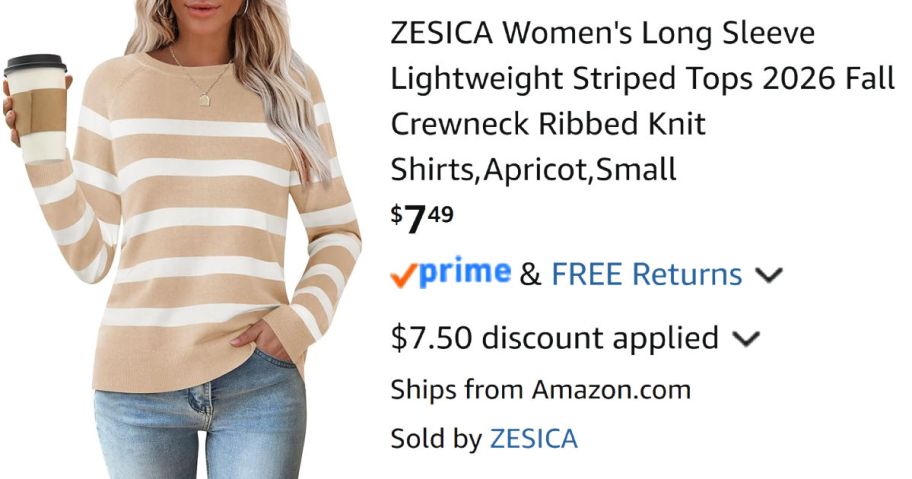 woman wearing striped shirt next to Amazon pricing information