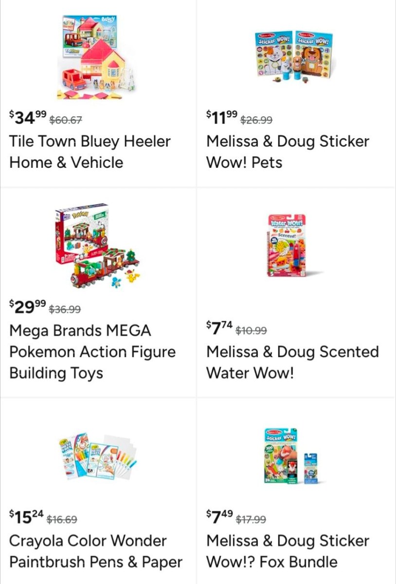 Toy sale advertisement featuring various items and discounts: Bluey Heeler Home, Sticker Wow! Pets, Pokemon Building Toys, Scented Water Wow!, and more.