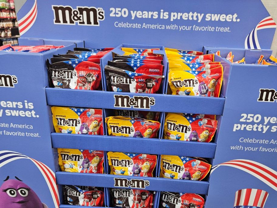 A display of Red White and Blue M&Ms at Walmart