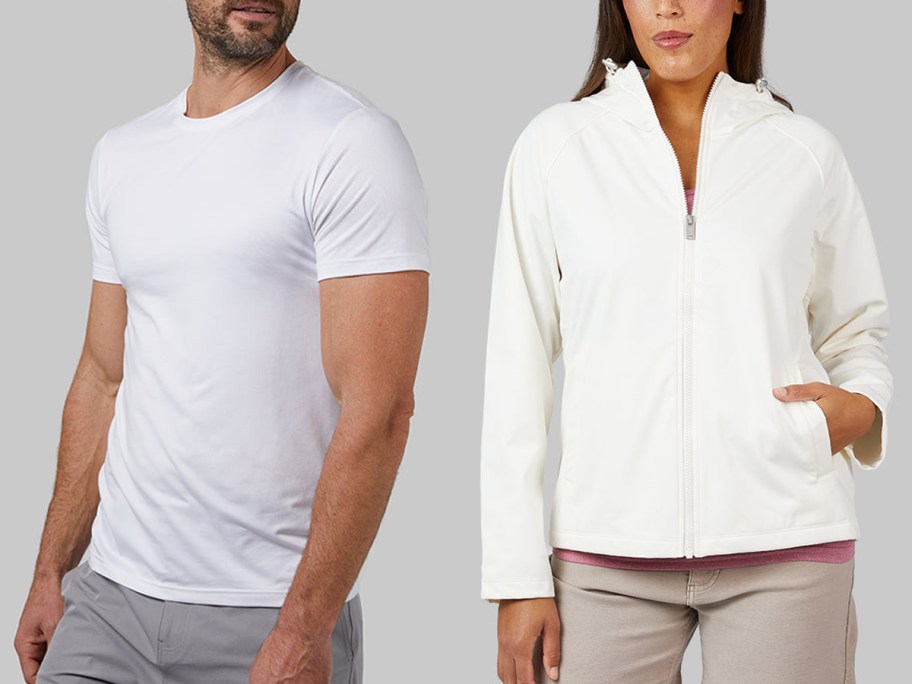 32 Degrees Men's Cool Classic Crew T-Shirt 4-Pack and Women's Softshell Hooded Jacket