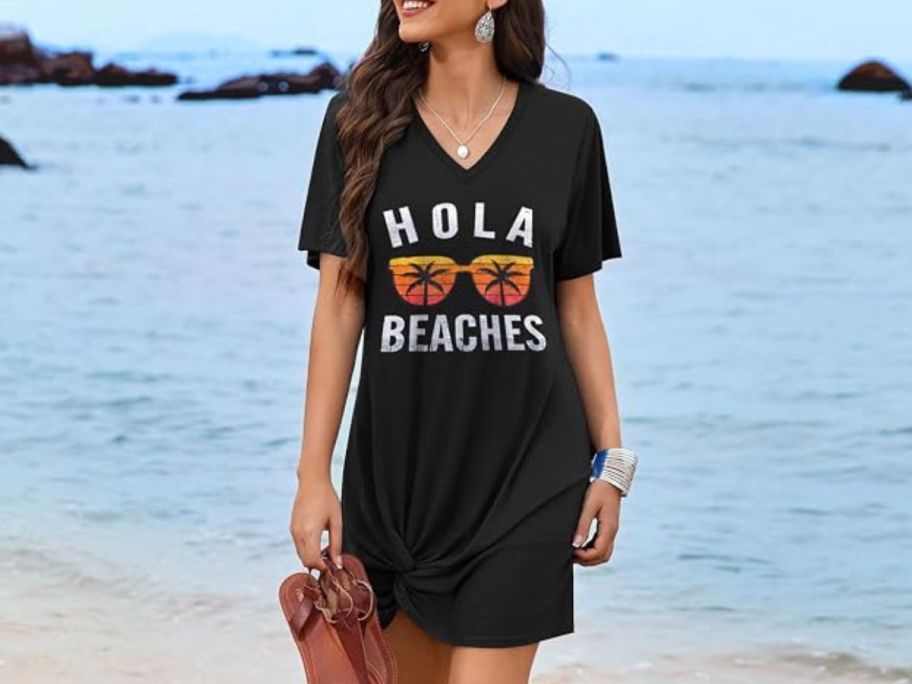 woman walking on beach wearing AI'MAGE Swimsuit Cover Up