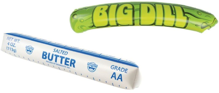 Stock images of two Big Mouth Inflatable Pool Noodle shaped like Stick of Butter and a Dill Pickle