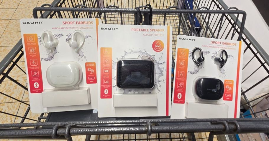 Bluetooth Earbuds and Speakers in an ALDI shopping cart