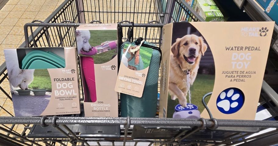 Heart to Tail Pet items in the front basket of an ALDI shopping cart