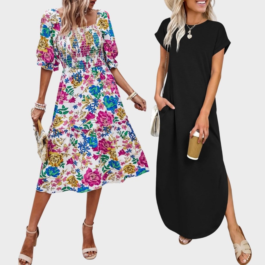 a woman in a midi dress and a woman in a maxi dress