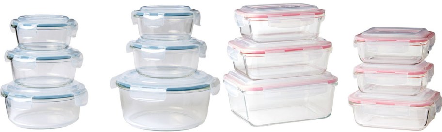 A set of clear, stackable food storage containers in two designs. The left features round containers with blue lids, and the right showcases rectangular containers with red lids.