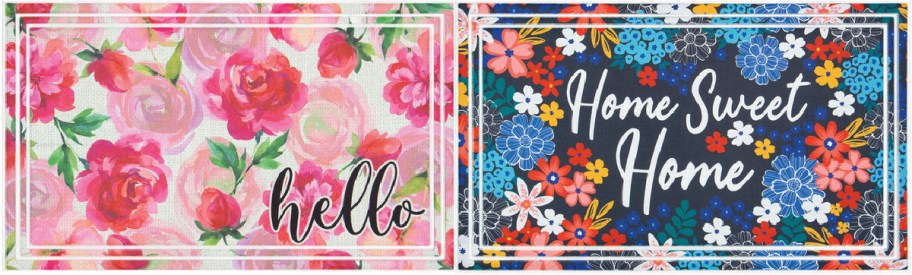The image shows two floral-themed mats. The left has pink roses and "hello" text. The right features colorful flowers and "Home Sweet Home" text.
