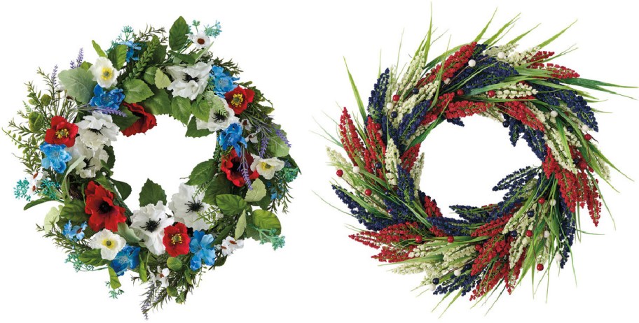 Two vibrant wreaths; left has red, white, and blue flowers with green leaves, while right features red, white, and blue wildflowers and grasses.