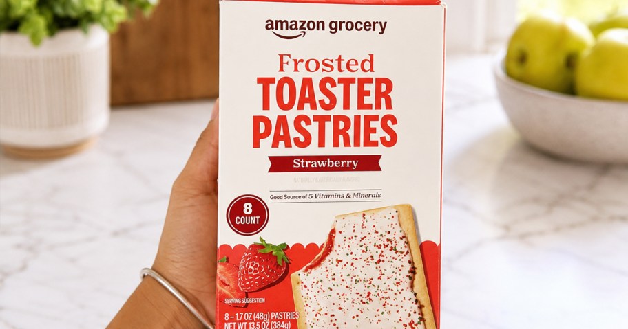 hand holding a box of Amazon Grocery Frosted Toaster Pastries