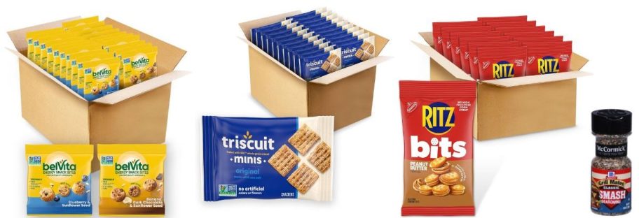 Stock images of Belvita Bites, Triscuit Minis, Ritz Bitz and a McCormick Grill Mates Smash Burger Seasoning