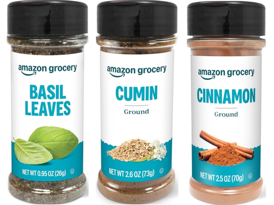 bottles of basil, cumin, and cinnamon