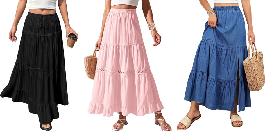 women modeling black, pink, and blue maxi skirts
