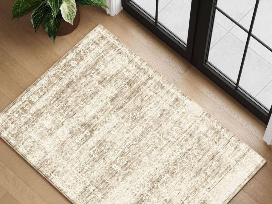 A tan and white boho area rug in front of a door