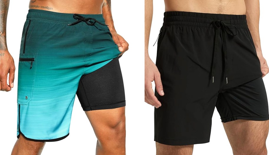 two men in green and black swim trunks
