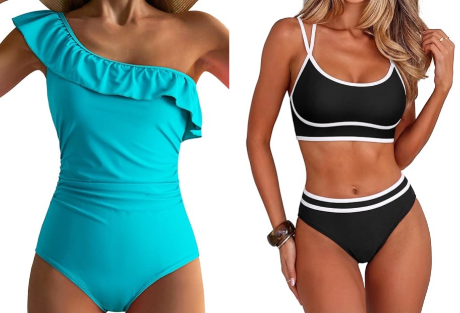 two women modeling blue and black swimsuits