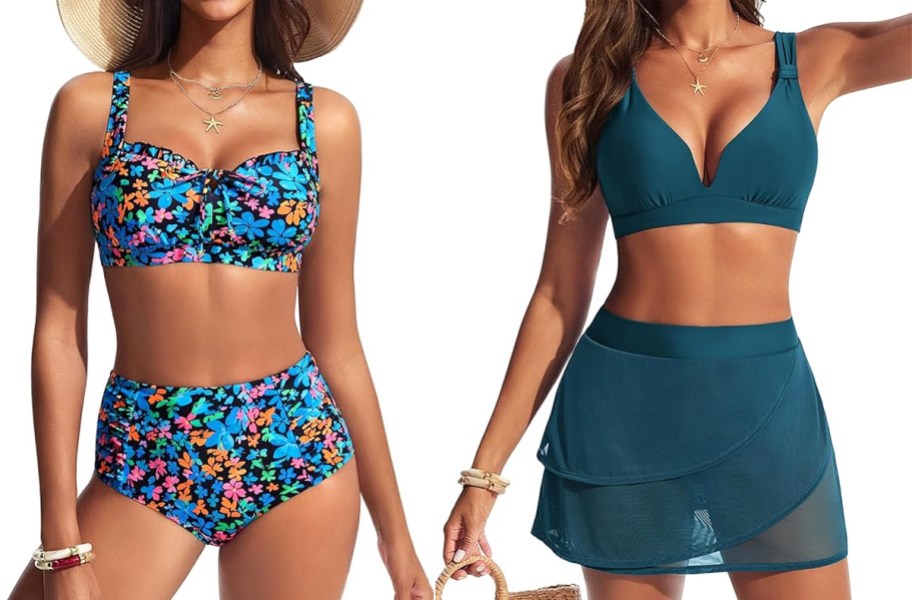 two women modeling floral print and teal swimsuits