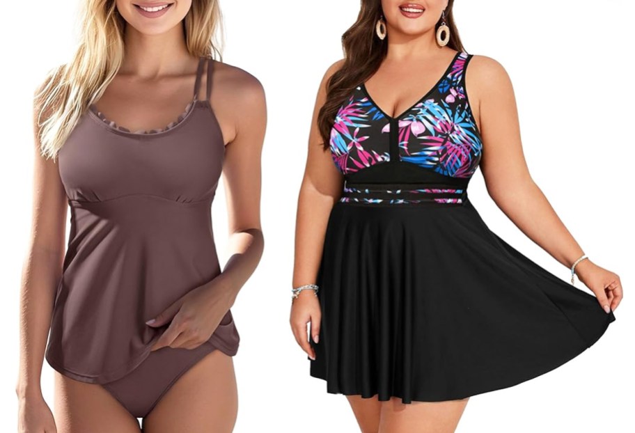 two women modeling brown and black swimsuits