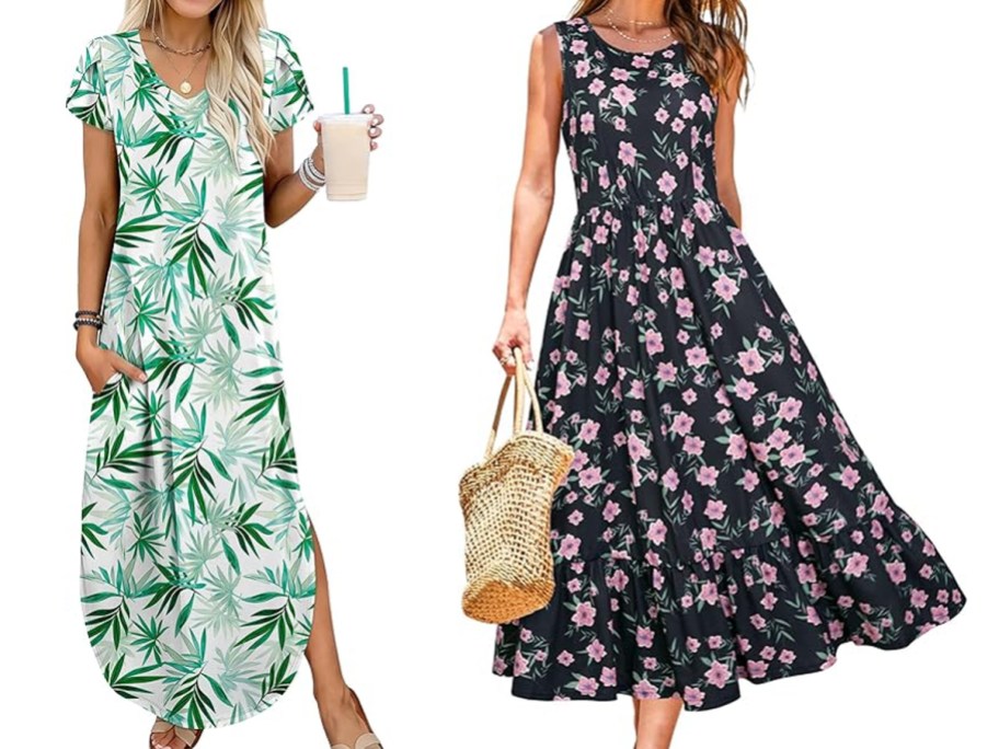 two women in floral print dresses