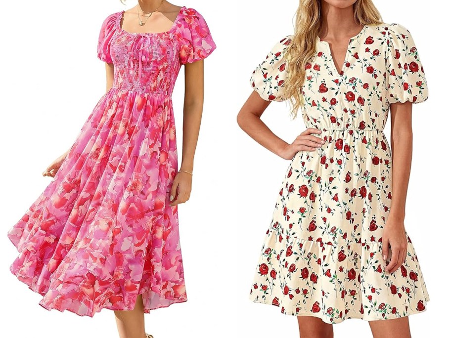 two women in floral print dresses
