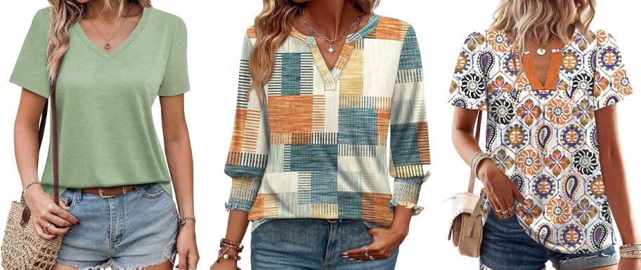 3 women modeling tops