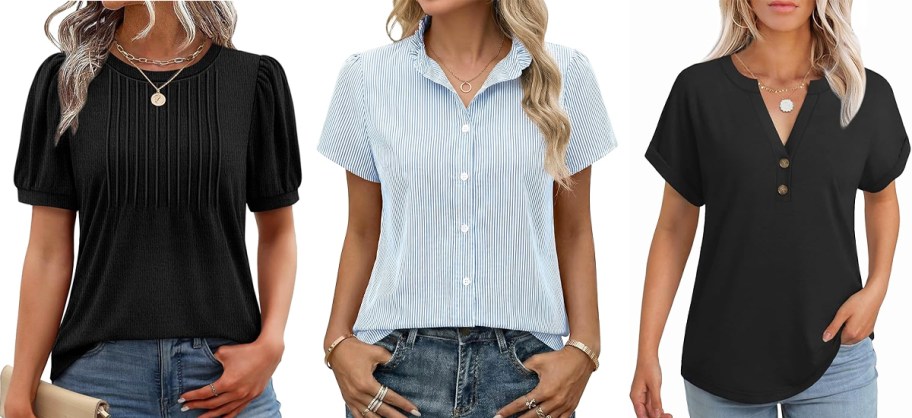3 women modeling tops