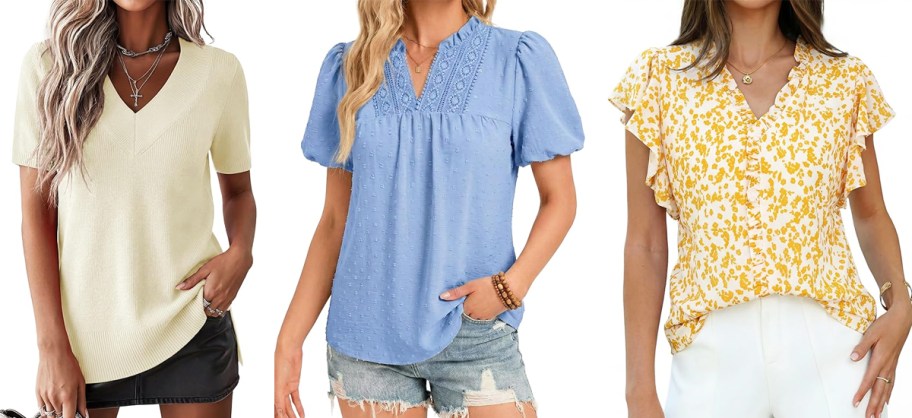 3 women modeling tops