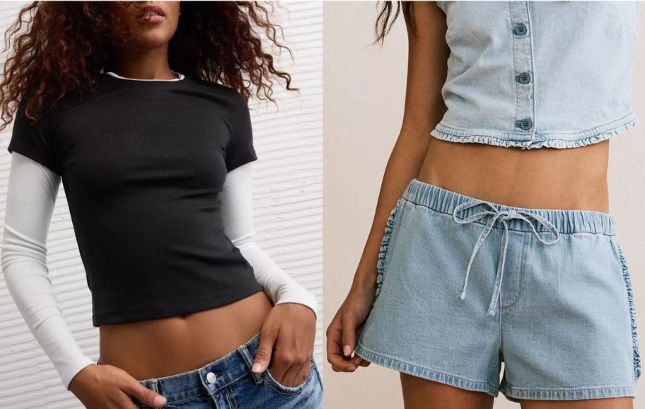 Stock images of two women wearing American Eagle Clothing