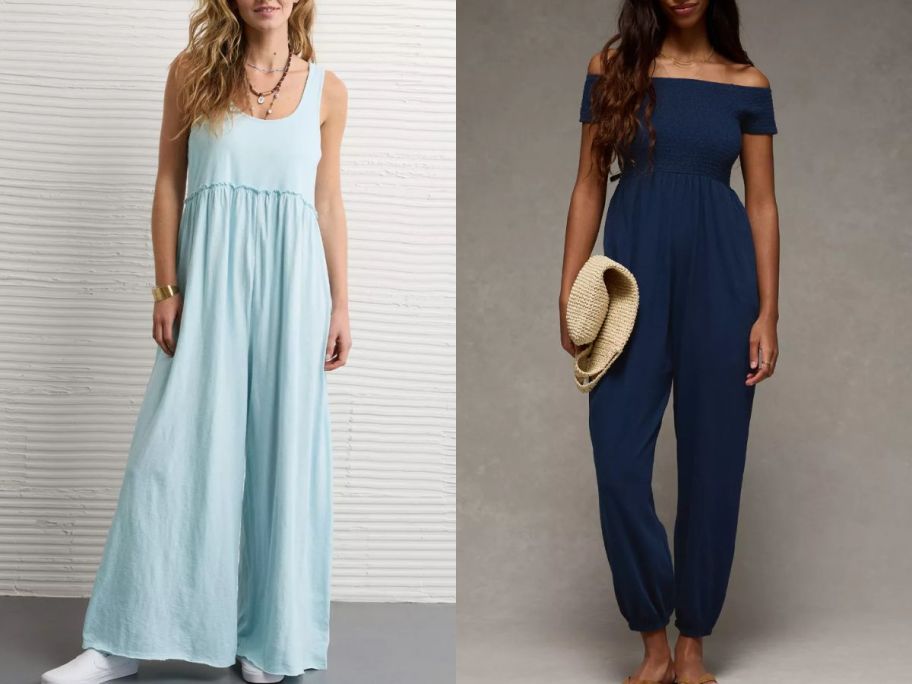 Stock images of two women wearing American Eagle Jumopsuits
