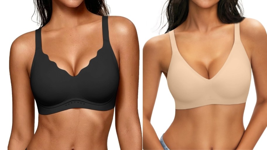 two women in two different styles and colors of wireless jelly bras
