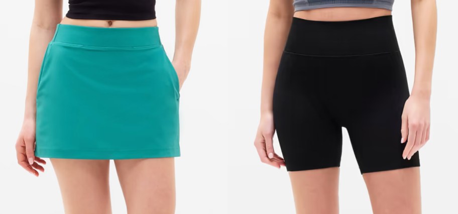 two women modeling a teal skort and black shorts