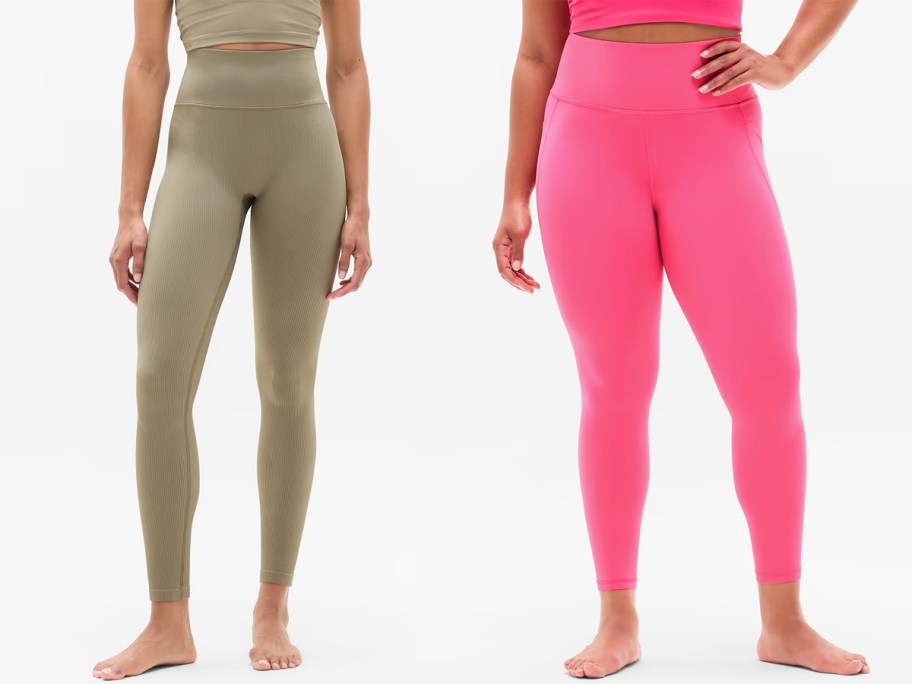 two women modeling olive green and pink leggings