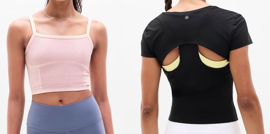 two women modeling a pink tank and black t-shirt