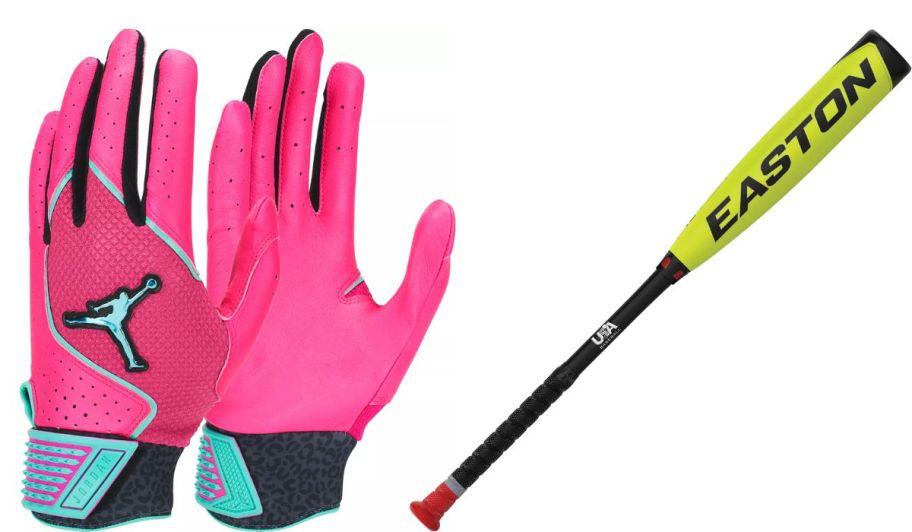 pink baseball mitt and yellow bat 