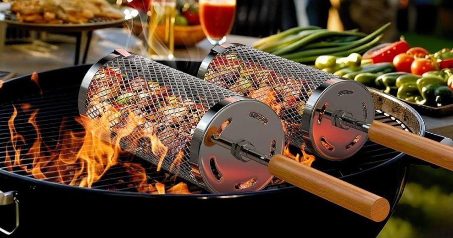 Basinel Rolling Grill Baskets on grill