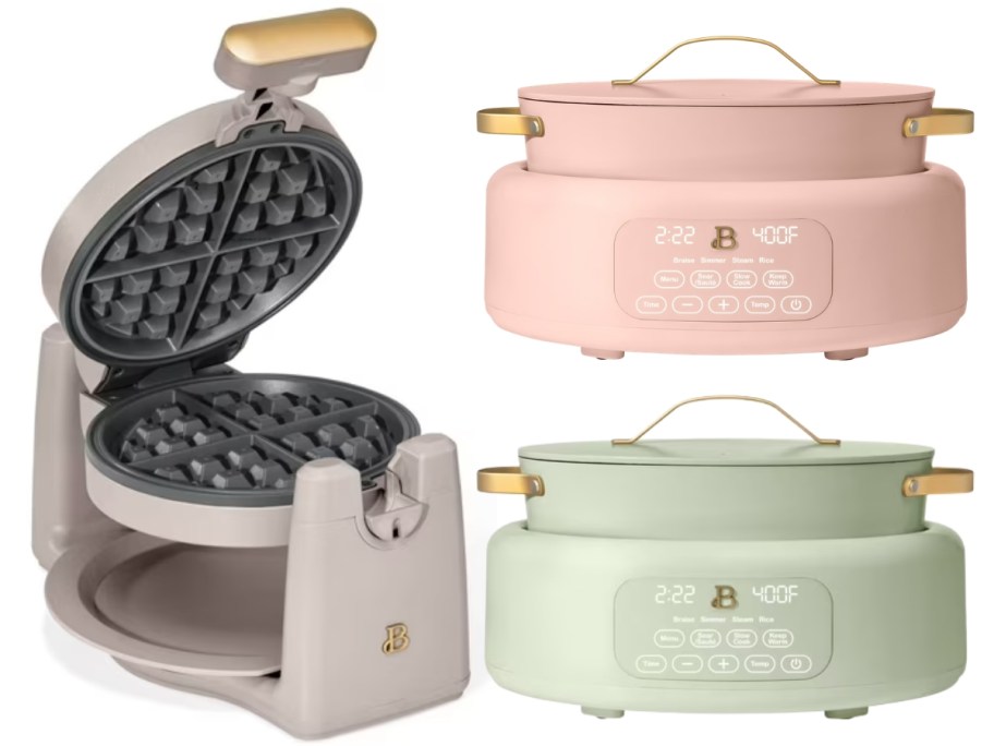 stock images of beautiful by drew rotating waffle maker and electric multi-cookers in 2 colors