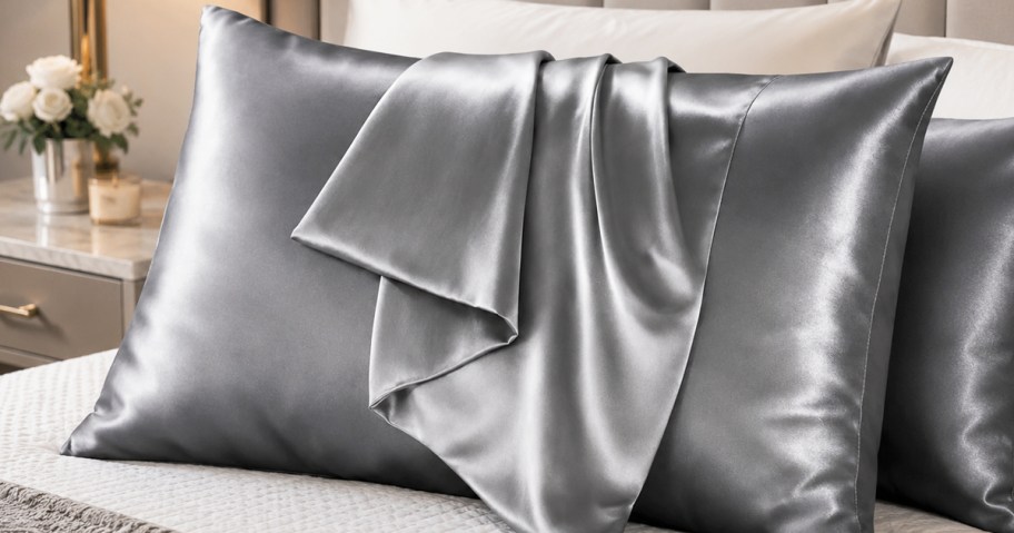 grey satin pillow cases on pillows on a bed