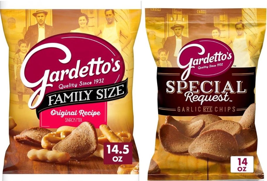 Stock images of two bags of Gardetto's Snacks