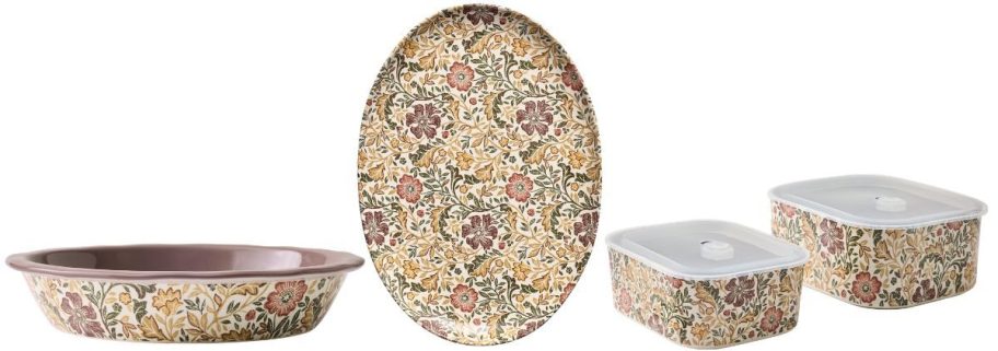 Better Homes & Gardens 10 Edith Vine Floral Stoneware Pie Dish, Oval Serving Platter, and Baking Dish Set