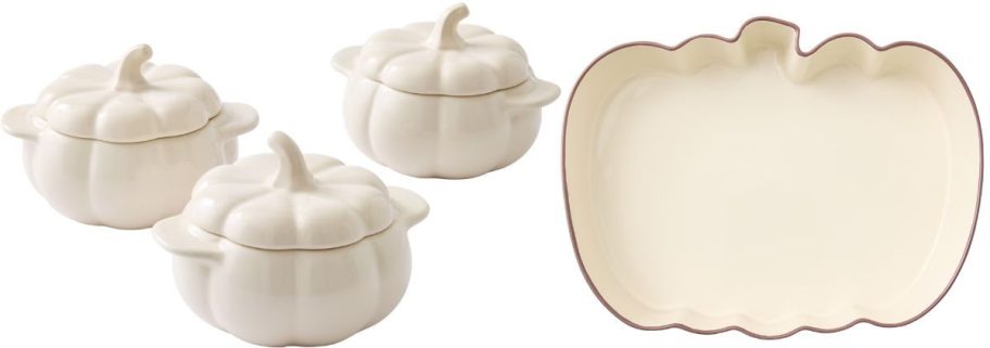 Better Homes & Gardens Cream Figural Pumpkin Stoneware Cocotte 3-Pack and Baking Dish