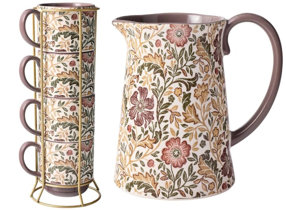 Better Homes & Gardens Edith Vine Floral Stoneware Stackable Mug Set and pitcher